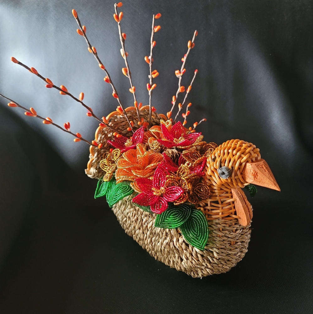 Harvest Basket Filled with French Beaded Flowers